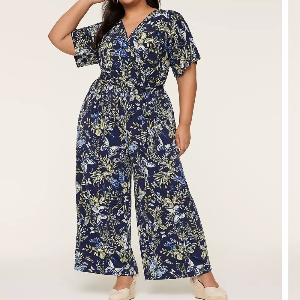 Lane Bryant Navy Floral Wrap-Front Jumpsuit